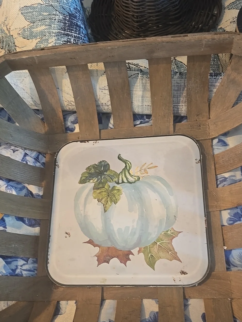 New Wooden Slatted Farmhouse Basket with Blue Pumpkin